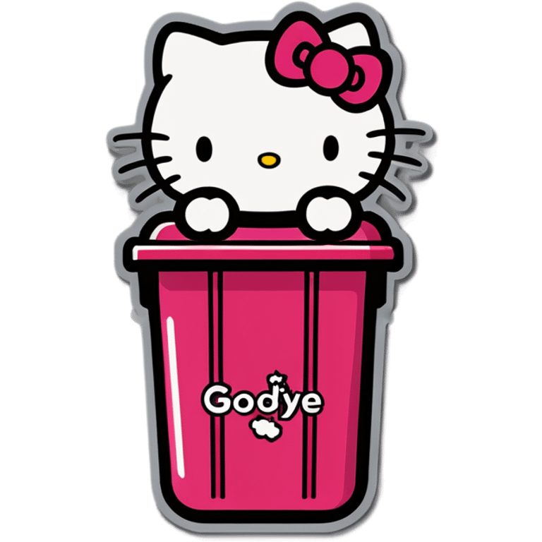 A trash bin that says on text GOODBYEEEE with hello Kitty in it emoji