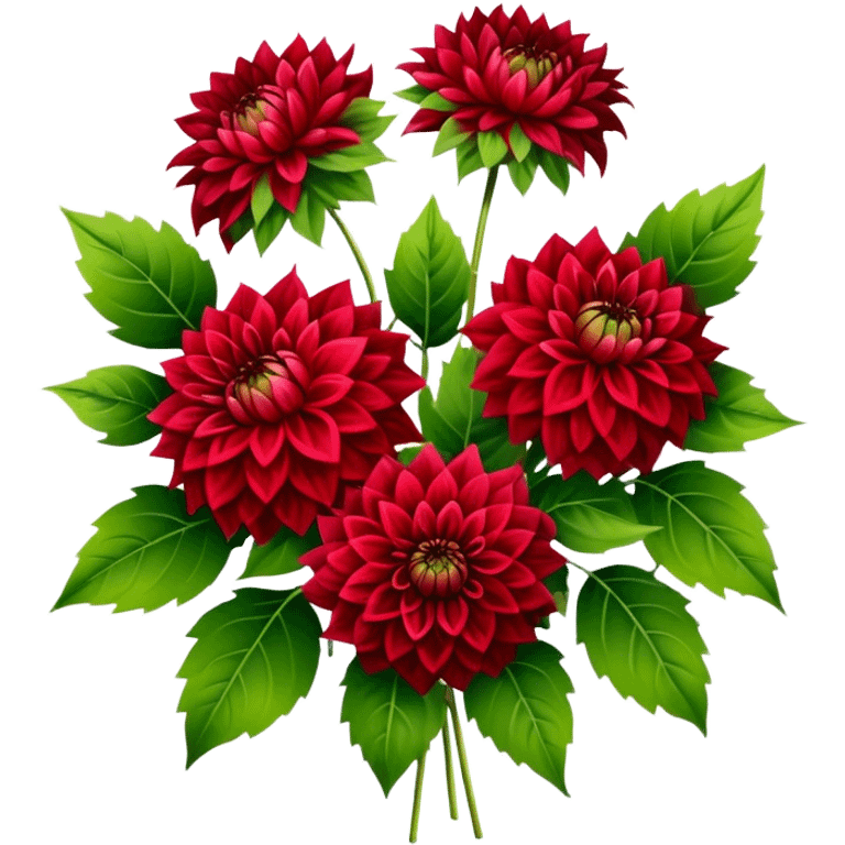 big bouquet Red Dahlia, luxuriant, stem, leaf emoji