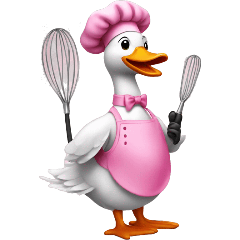 A goose dressed like a pink chef with one whisk in his hand emoji