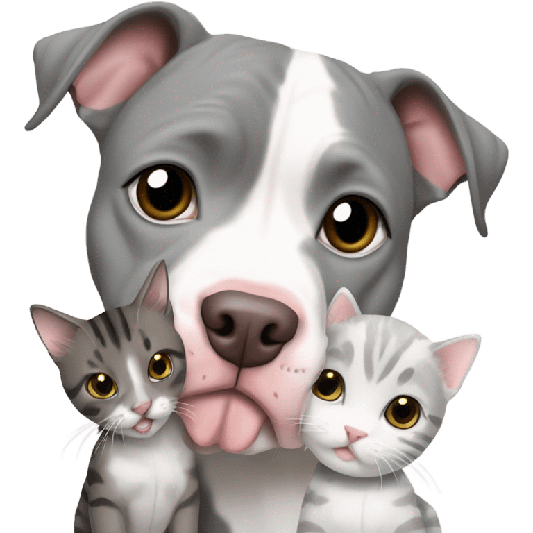 Grey and white pit bull with 2 grey tabby kittens and hearts emoji