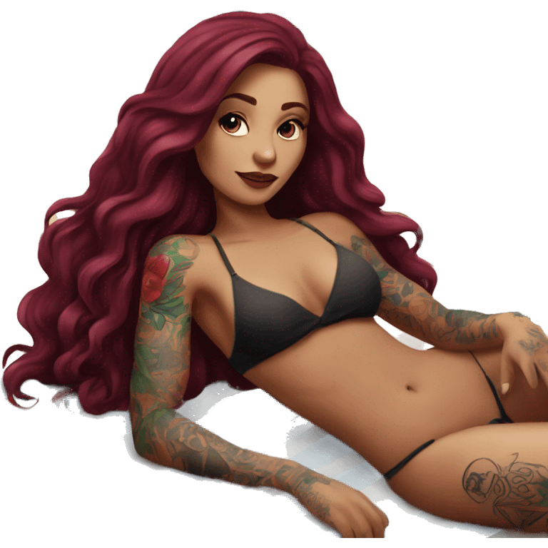 Beautiful tattooed burgundy long haired woman laying on the beach emoji