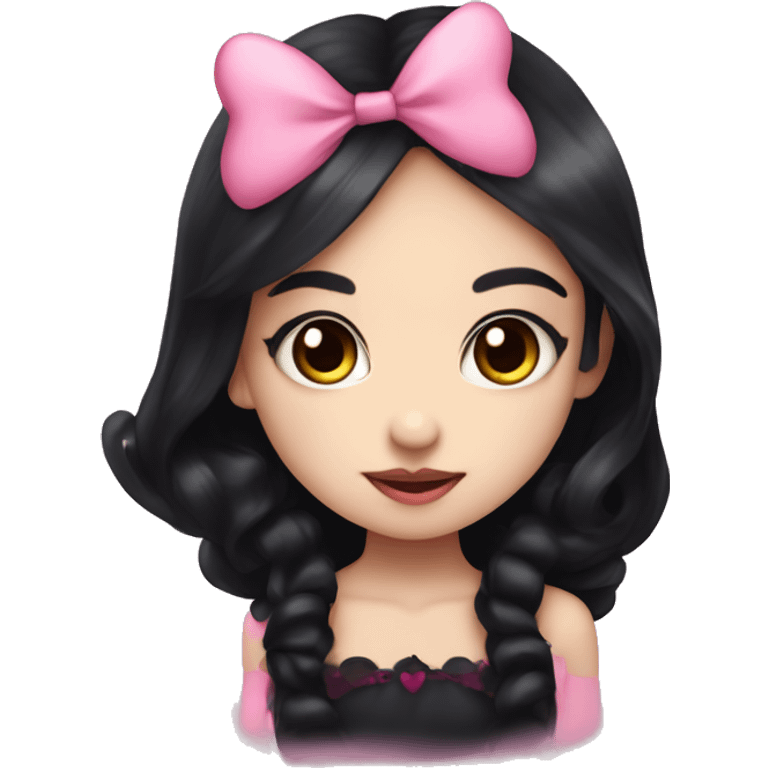 cute vampire girl with long black hair, wearing a pink bow with pink hearts around her  emoji