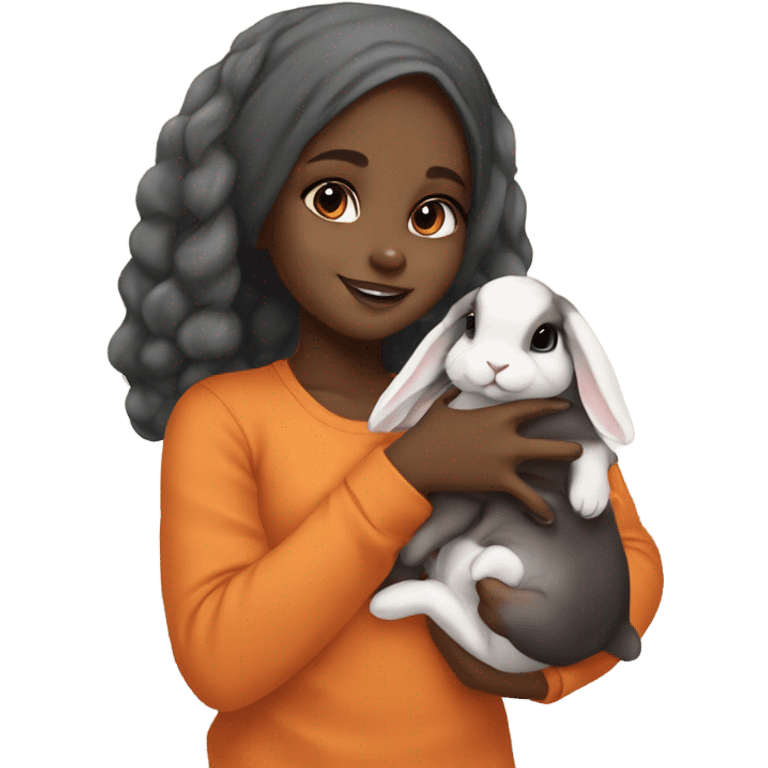 Black Muslim girl holding her 3 cute orange, gray, and mix colored holland lop bunnies emoji