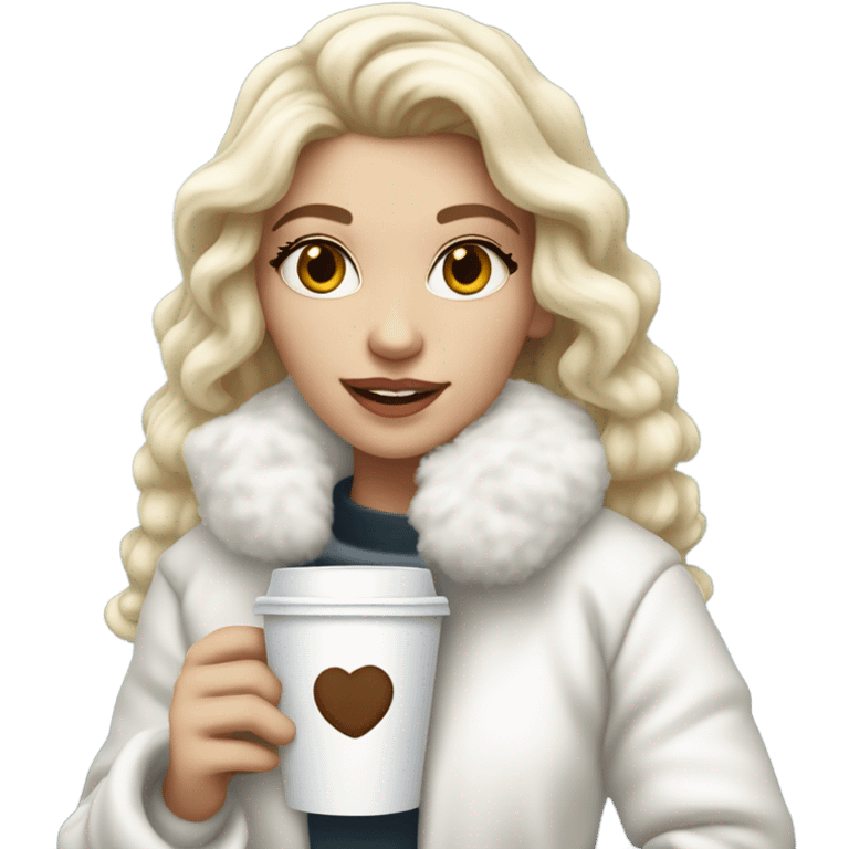 pretty blonde girl wearing white fluffy jacket and a coffee to go in hand all dress white and a white bow on hair emoji