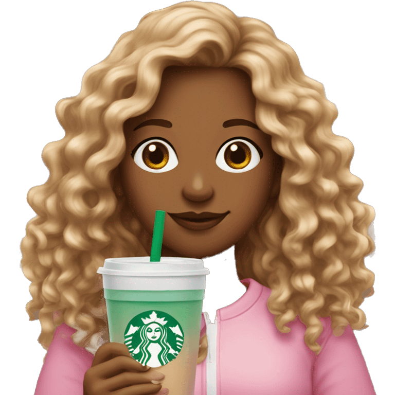 girl with brown and blonde ombré long curly hair holding Pink starbucks refresher emoji