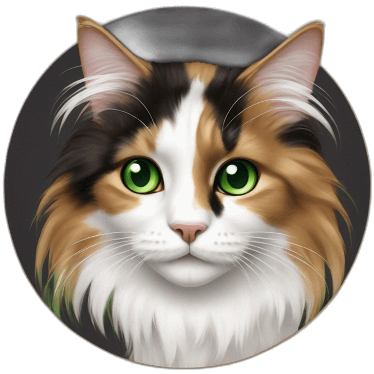 longhaired white and dark brown calico cat with green eyes sat on round cardboard emoji