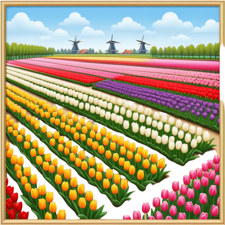 Cinematic Realistic Keukenhof Gardens Landmark Emoji, showcasing expansive tulip fields rendered with crisp, lifelike detail and radiant lighting. emoji