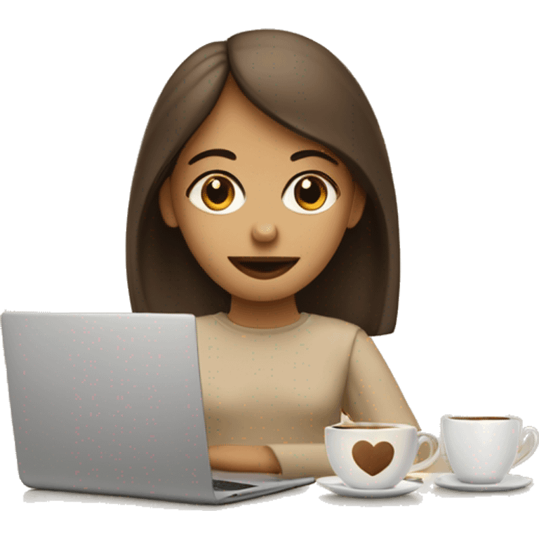 Half face of a girl at the laptop. A a cup of coffee on the left side of the table. Books on the right side. in beige tones emoji