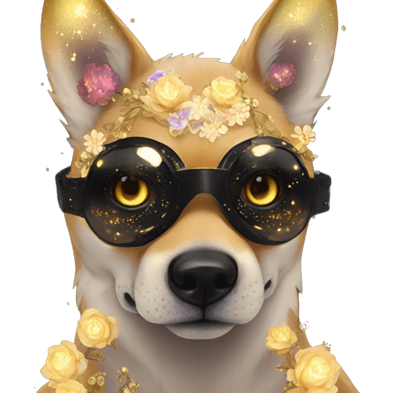 Black iridescent dog fox face head zombie skeleton gold mechanical nebula galaxy stars flowers fairy lights vintage emoji