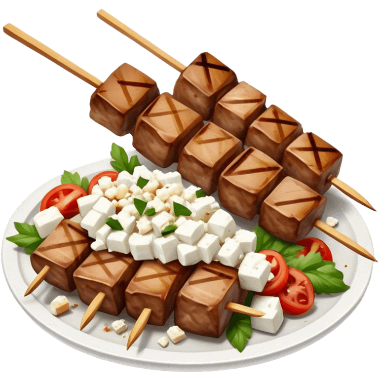 Souvlaki Cinematic Realistic Souvlaki Dish Emoji, depicted as skewered, grilled meat served with a side of crumbled feta cheese, rendered with rich textures and dynamic, appetizing lighting. emoji