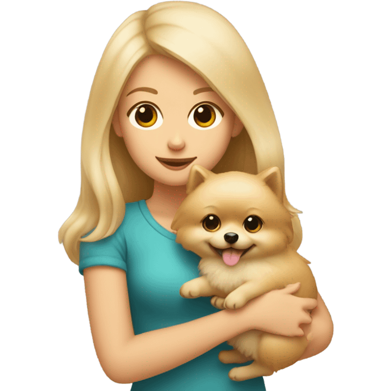 A blonde girl holds a beige pomeranian in her arms emoji