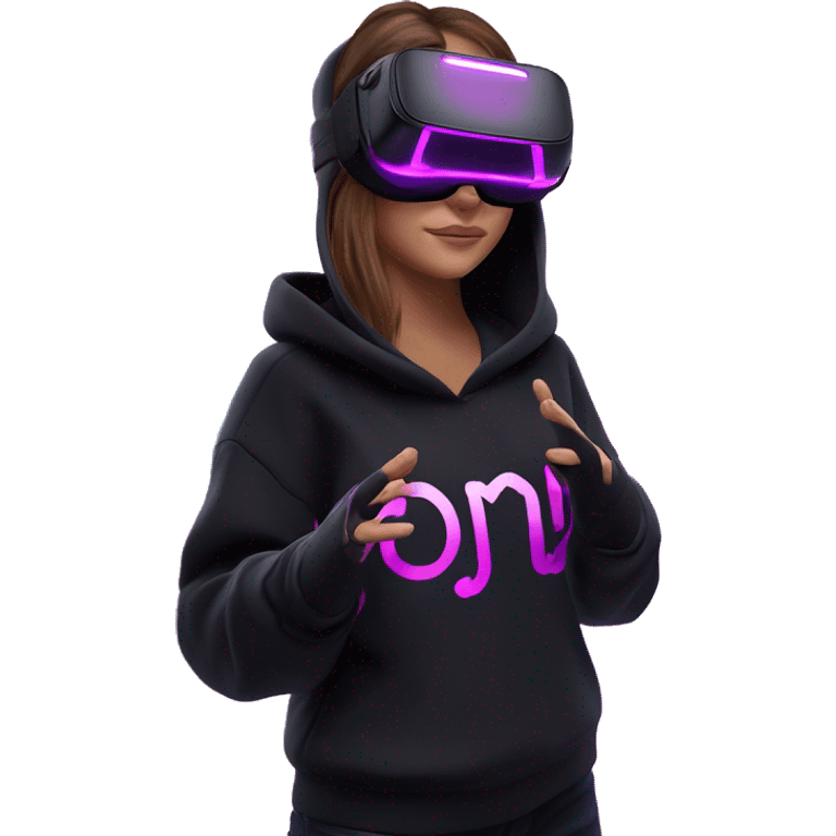 Russian girl wearing black hoody with violet letters "OMG", in vr headset oculus quest2. Standing like jedi. Cyberpunk style. Violet neon. emoji