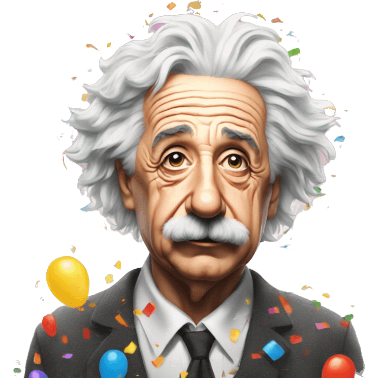 Frustrated albert einstein with lots of colourful confetti and party balloons emoji