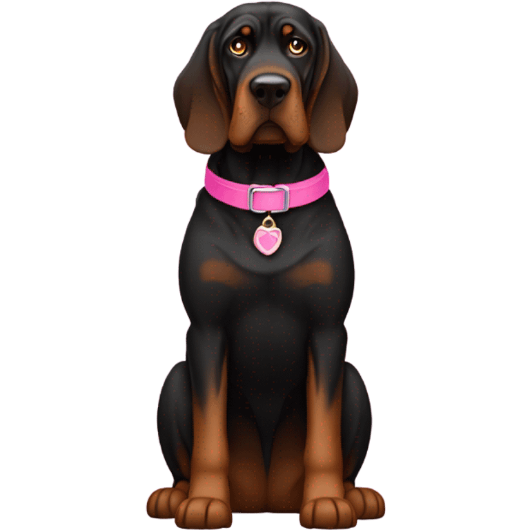 Black bloodhound standing with pink collar emoji