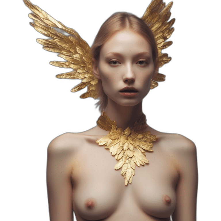 Angela Olszewska, david bellemere, Bare belly, Wings, Choker, Bathed in shadows, FOV 90 degrees, short lighting, L USM, Cold Colors, gilded technique, extremely hyper aesthetic, absurdres emoji