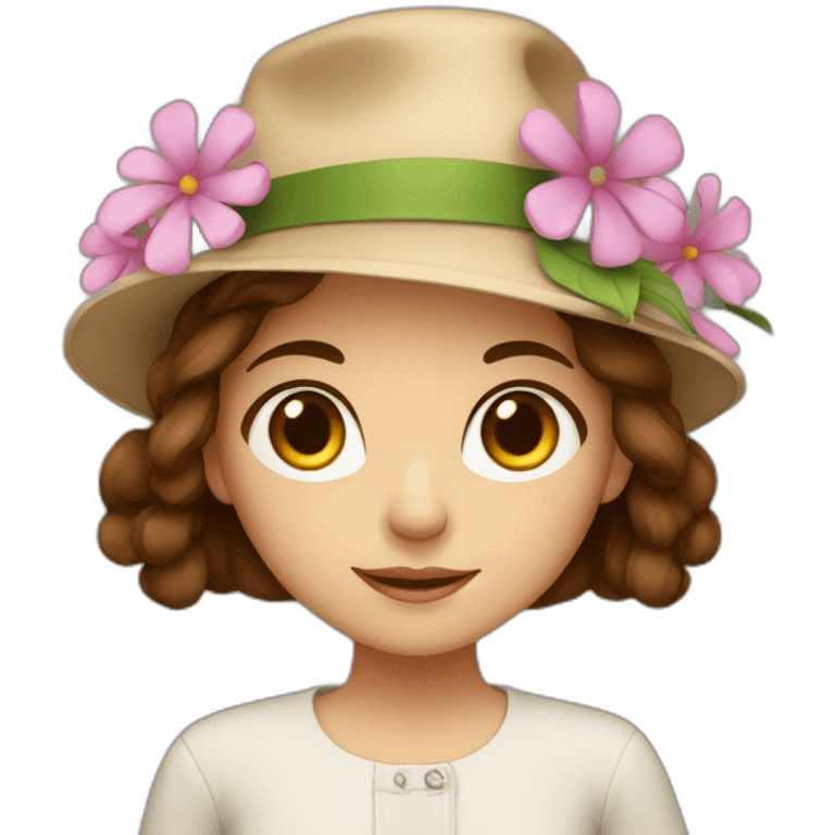 Girl with brown hair with hat and flower emoji