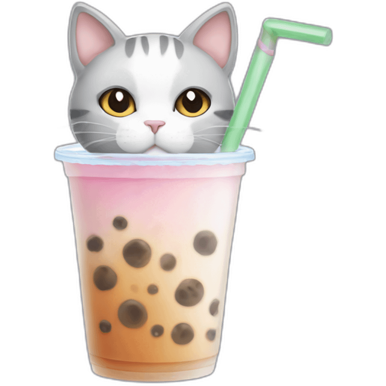 white and Grey cat drinking bubble tea emoji