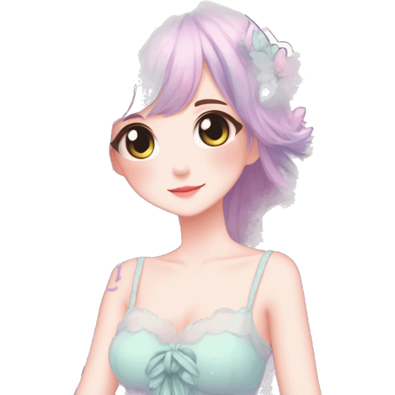 gorgeous pretty attractive anime lady beautiful pastel-gradient hair with a gorgeous dress fairycore cottagecore pastelcore detailed high quality trending VOGUE aesthetic full body sticker emoji