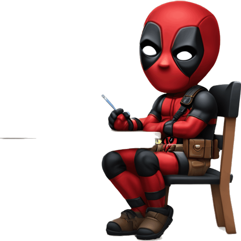 Cute Deadpool sitting at a desk, front view emoji