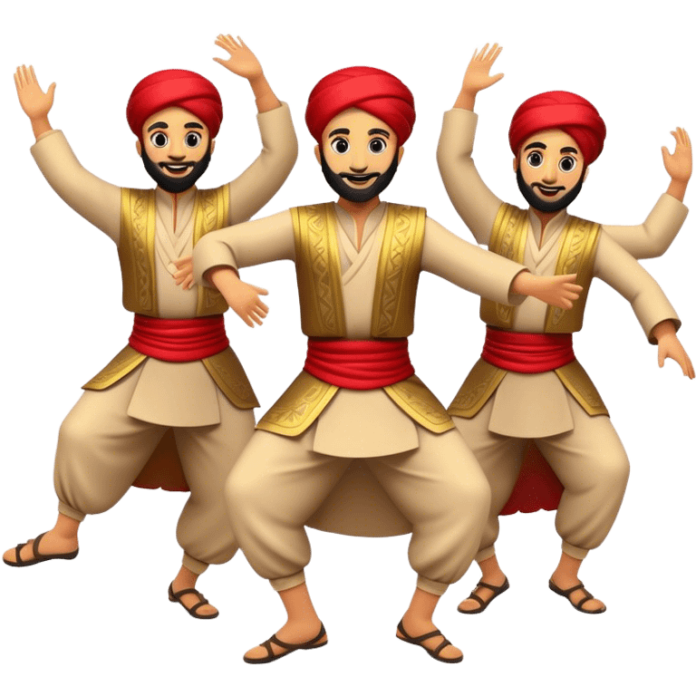 Cinematic Realistic Dabke Dance Emoji, depicted as an energetic traditional Lebanese folk dance with vibrant costumes and rhythmic movements, rendered with dynamic textures and festive natural lighting that captures its communal joy. emoji