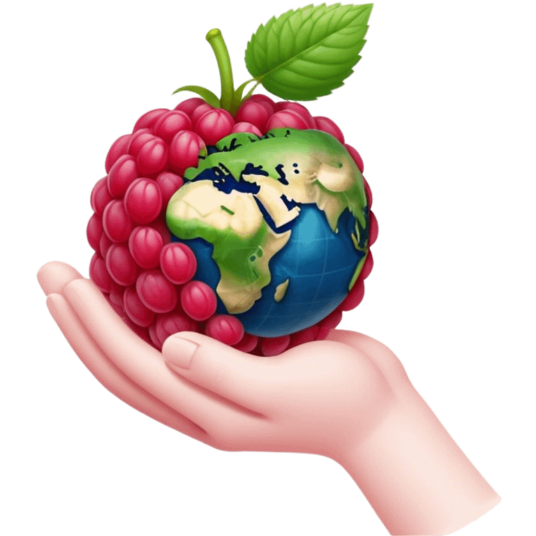 A raspberry holds the world with its hand emoji