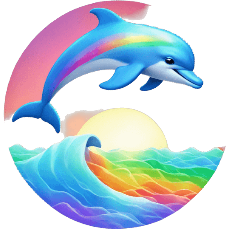 Dolphin with sunset behind and rainbows in the ocean  emoji