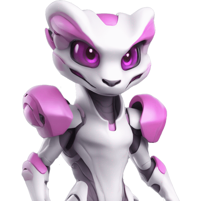 White Anthro-Lizard-Reptile-Raptor-Alien-Genesect-Mewtwo-Fakémon, with pink eyes, with a futuristic visor-helmet, wearing a techwear-suit, Full Body emoji