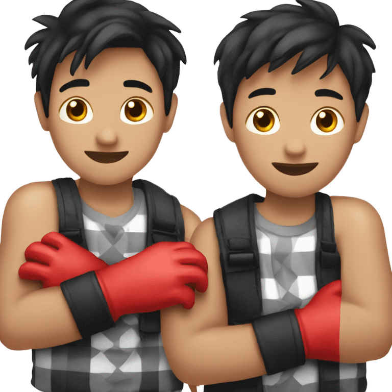 Asian boy wearing red checkered gloves on hands and black hoodoe emoji