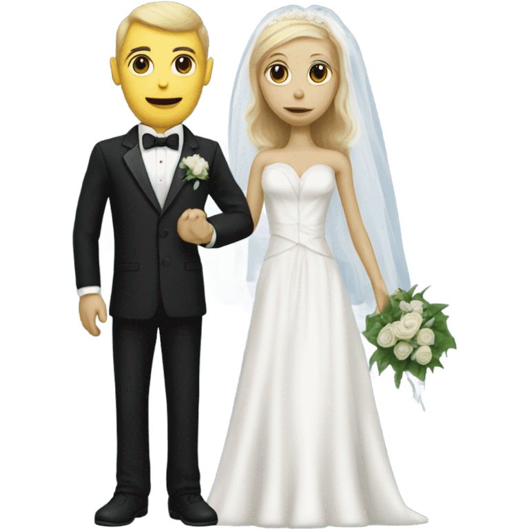 White humman man in a tuxedo, holding Alien reprilian woman in wedding dress, and one , hands getting married emoji