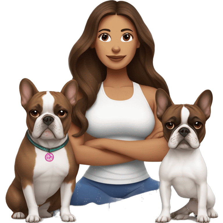 latin women with long brown hair in yoga outfit standing alongside two french bulldogs  emoji