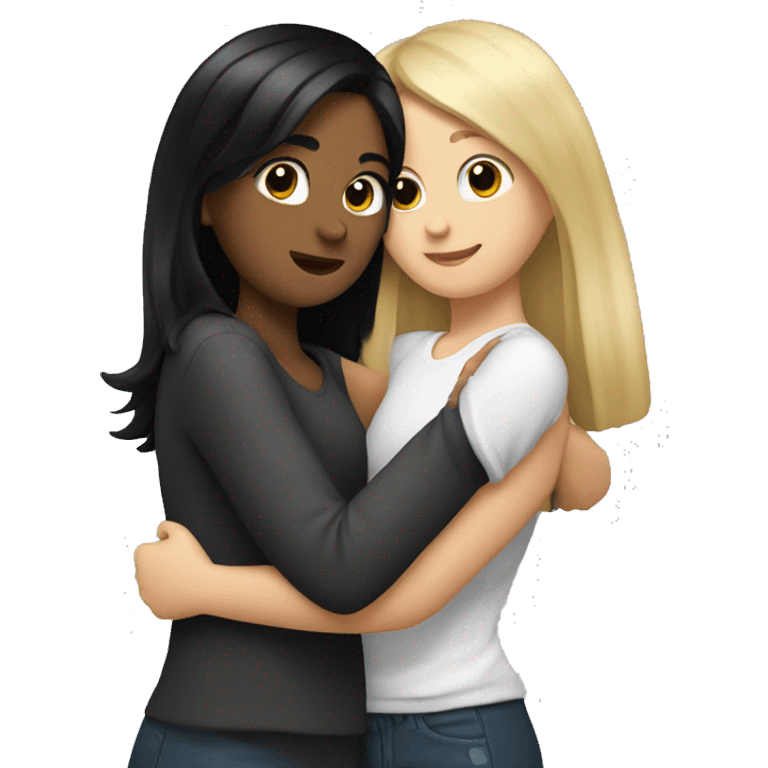 A girl with dirty blonde hair hugging a girl with black hair  emoji