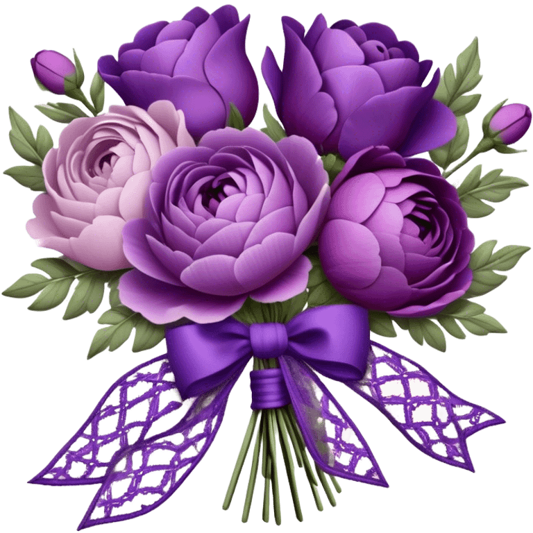 A vintage bouquet of lavender-hued peonies, deep violet roses, and soft lilac pansies, tied together with a silk ribbon in shades of plum and amethyst, rests beneath the glow of a crescent moon. Scattered around are tiny embroidered hearts on a delicate lace handkerchief, while the scent of dried lavender lingers in the cool evening air. emoji