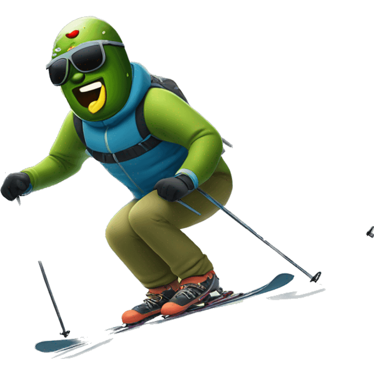 Pickle wearing sunglasses skiing down a mountain emoji