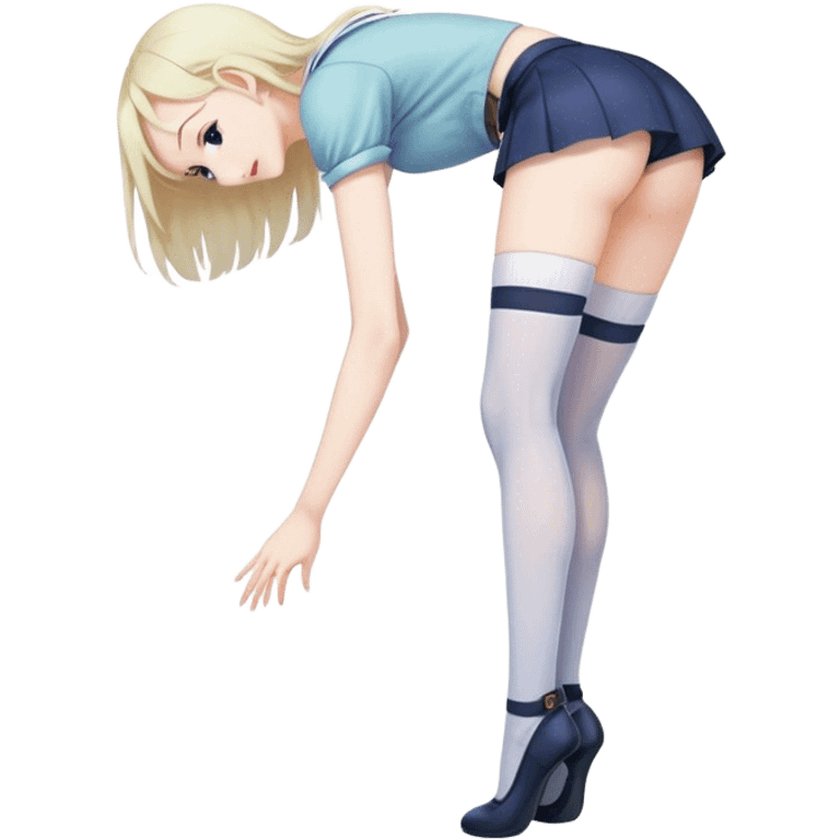 Anime girl in thigh-high stockings, bending over slightly while reaching for something. Simple and cute pose, casual outfit, soft shading emoji