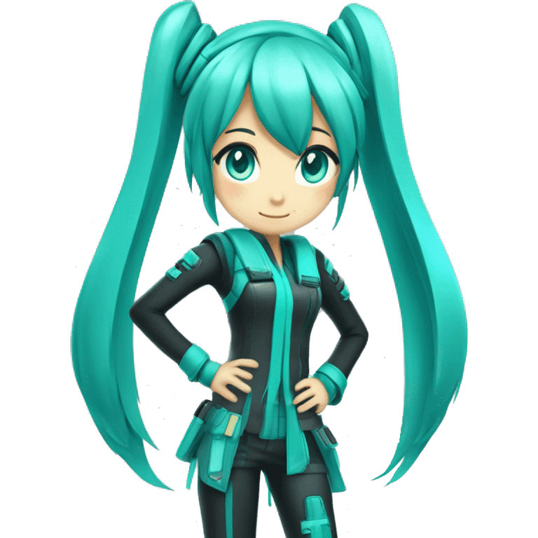 Hatsune Miku has long, turquoise green pigtails, a futuristic outfit, and striking teal eyes emoji