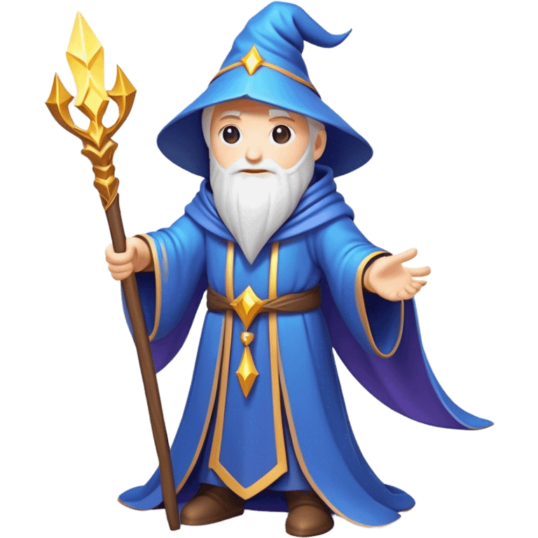 Clash of Clans aesthetic: Cinematic Playful Wizard Hero Emoji, rendered in a 3D vector-style similar to standard emojis with minimal shading and bold, simplified shapes. A compact, isometric figure draped in flowing enchanted robes and wielding a mystical staff, softly glowing with an arcane magical charm. Simplified yet unmistakably iconic, highly detailed and consistent, glowing with a soft radiant glow and high shine. Stylized with a touch of whimsical sorcery and a soft glowing outline, capturing the essence of a powerful wizard ready to cast spells with a friendly, playful spirit! emoji