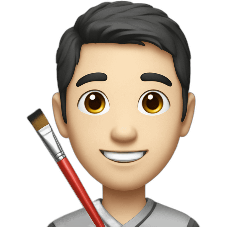 A slightly plump, round-faced, slightly droopy-eyed, cute, dark-haired Japanese brother who is smiling while holding a colored brush and graphite pencil emoji