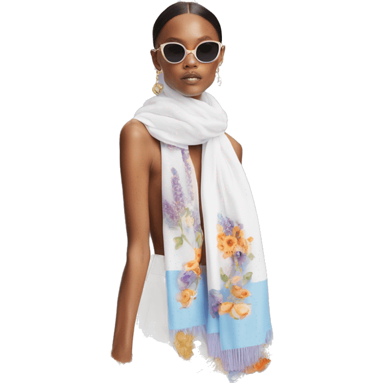 Dolce and Gabbana white scarf with colourful lavender light blue orange pink summer print and golden detais 2023 emoji