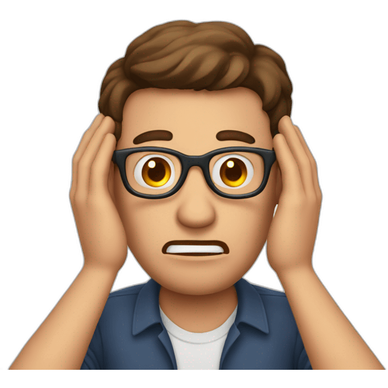 man with brown hair and glasses visibly scared hands over face emoji