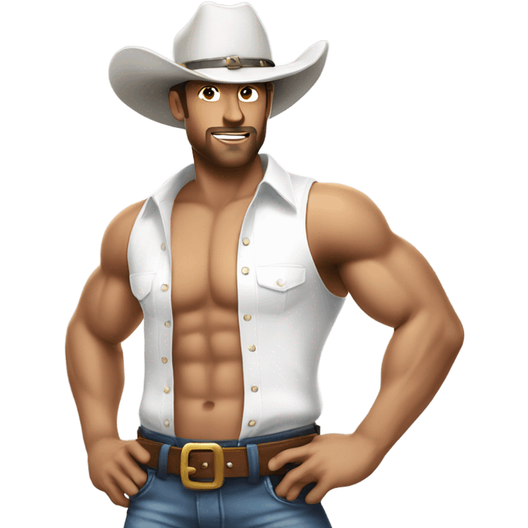 handsome man in white shirt topless and muscly with a cowboy hat on emoji