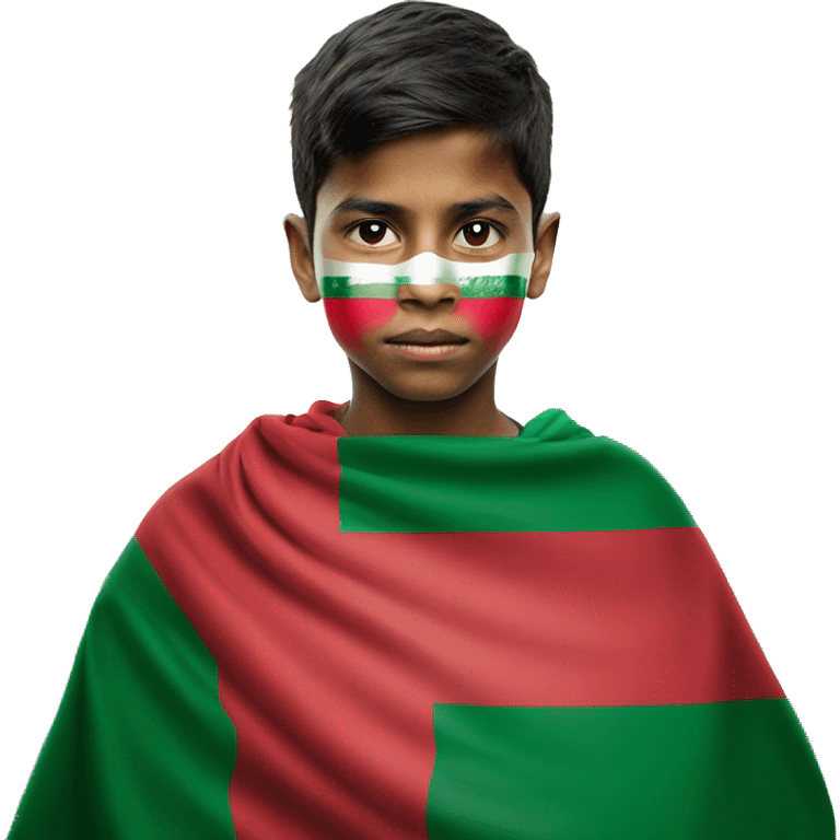 Bangladesh flag behind, a 18 year young boy in front , red cloth covering his face emoji