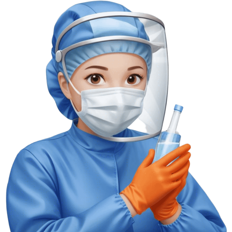 A meticulous cleanroom worker dressed in full protective gear, including a blue sterile suit, a face mask, a hairnet, and orange gloves. With a focused expression, they carefully wipe down a glass surface, ensuring strict hygiene standards in a controlled environment. emoji