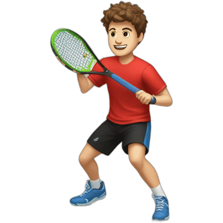 Young guy with brown hair playing pickleball full body red shirt black shorts solid black paddle emoji