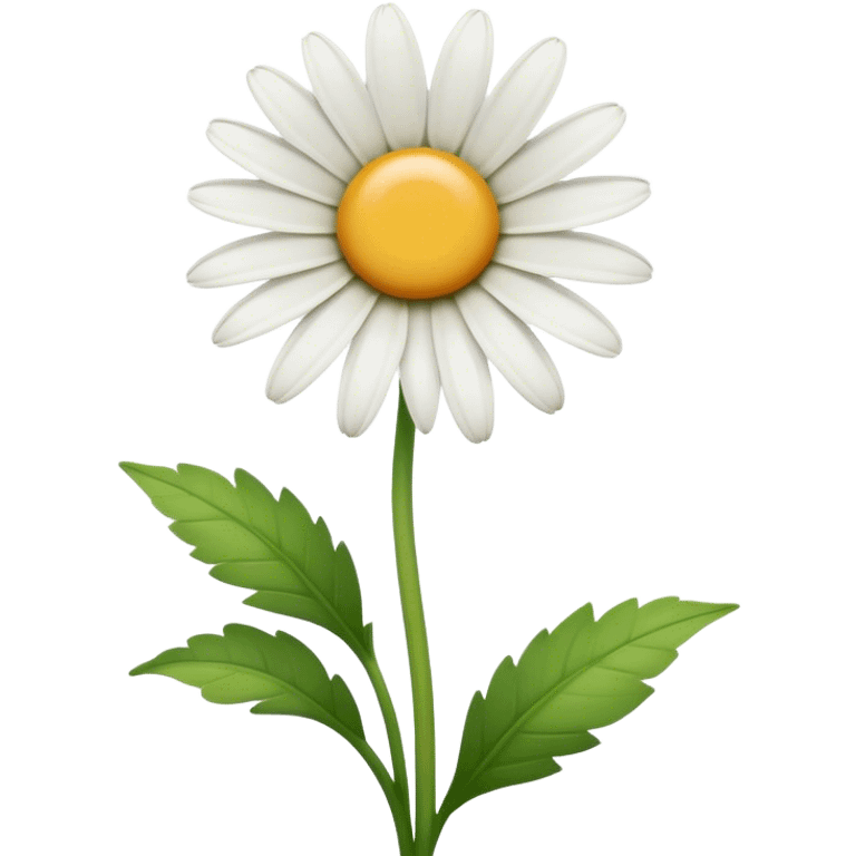 Cinematic Realistic Daisy Emoji, Cheerful and pure, with bright white petals surrounding a sunny yellow center, standing proudly atop a slender green stem. The soft, vibrant petals seem to radiate positivity, while a few green leaves frame the delicate flower. Soft glowing outline, capturing the essence of simplicity, innocence, and happiness in a single daisy. emoji