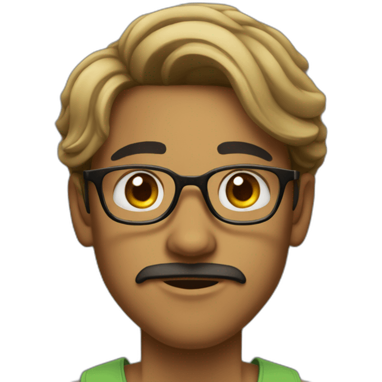 Indian teenager, with light moustache and a goatee, with long wavy black hair,jawline, wearing glasses emoji