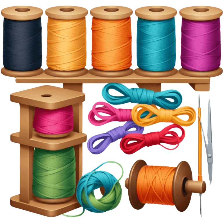 Weaving icon, spools of yarn, fabric swatches, sewing patterns, and finished clothes, minimalistic style, clean lines, transparent background. emoji