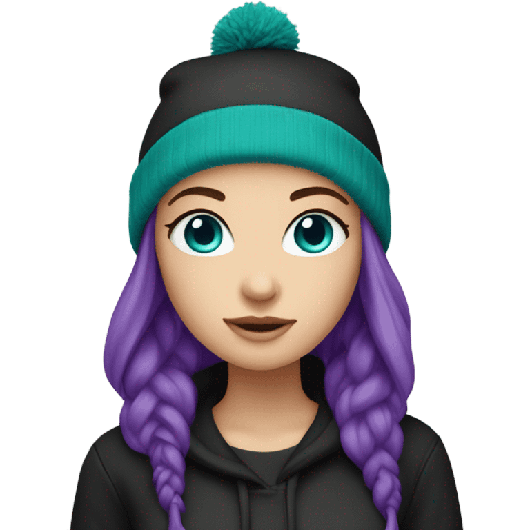 White girl, black hoodie, teal hair, purple beanie hat, blue eyes emoji