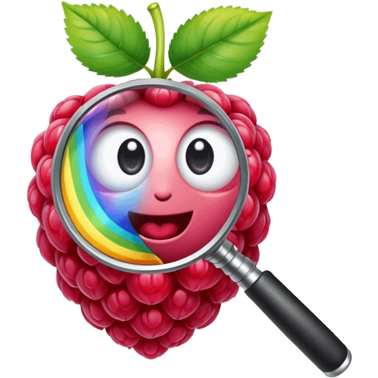 a raspberry holds a rainbow colored magnifier with its budding from handle of magnifier emoji