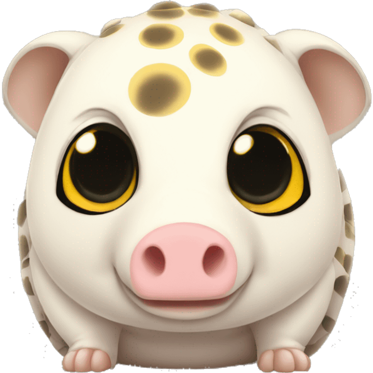 White chubby armadillo pig with yellow and black spots and cute flat face wide set eyes emoji