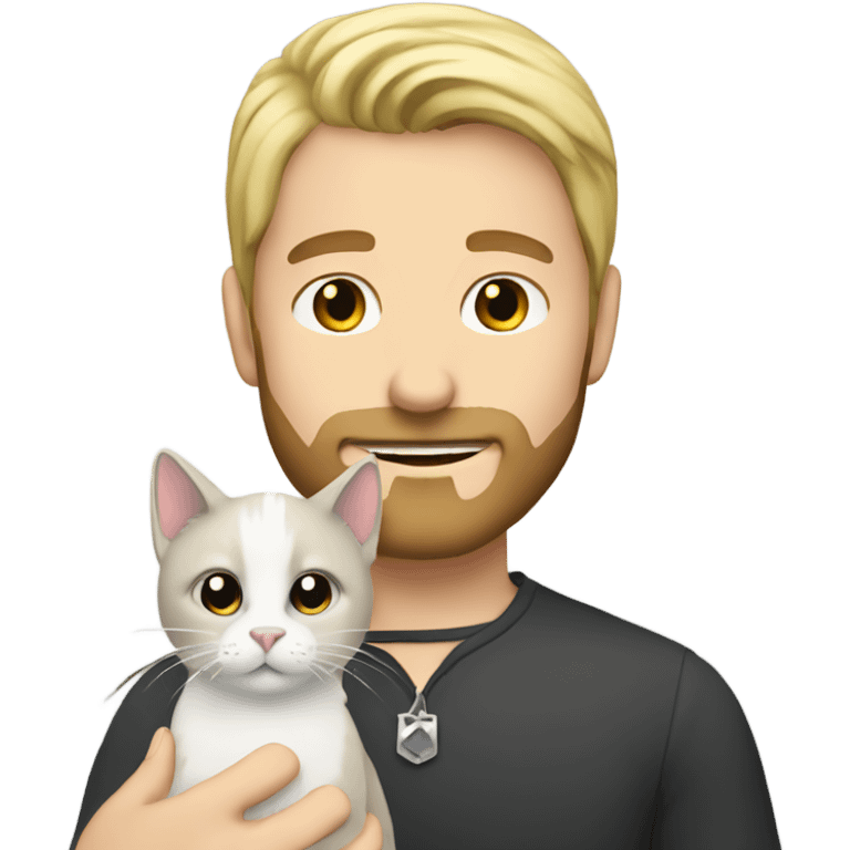 Blonde haired man with a black beard holding a white and gray cat emoji